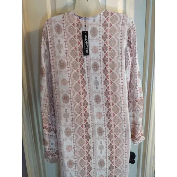 Papermoon Long Cardigan Pink White Geometric Pattern Open Sz S New Boho Peasant - Picture 6 of 11